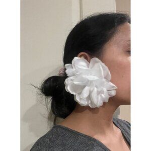 White flower stud earrings huge cream feathered large big earrings fabric floral